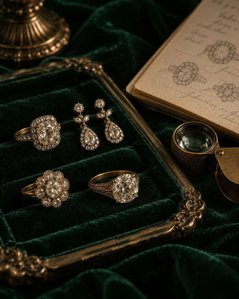 Antique old-cut diamond engagement rings and pear drop earrings in a velvet tray, with a jeweler's loupe and ring sketches.