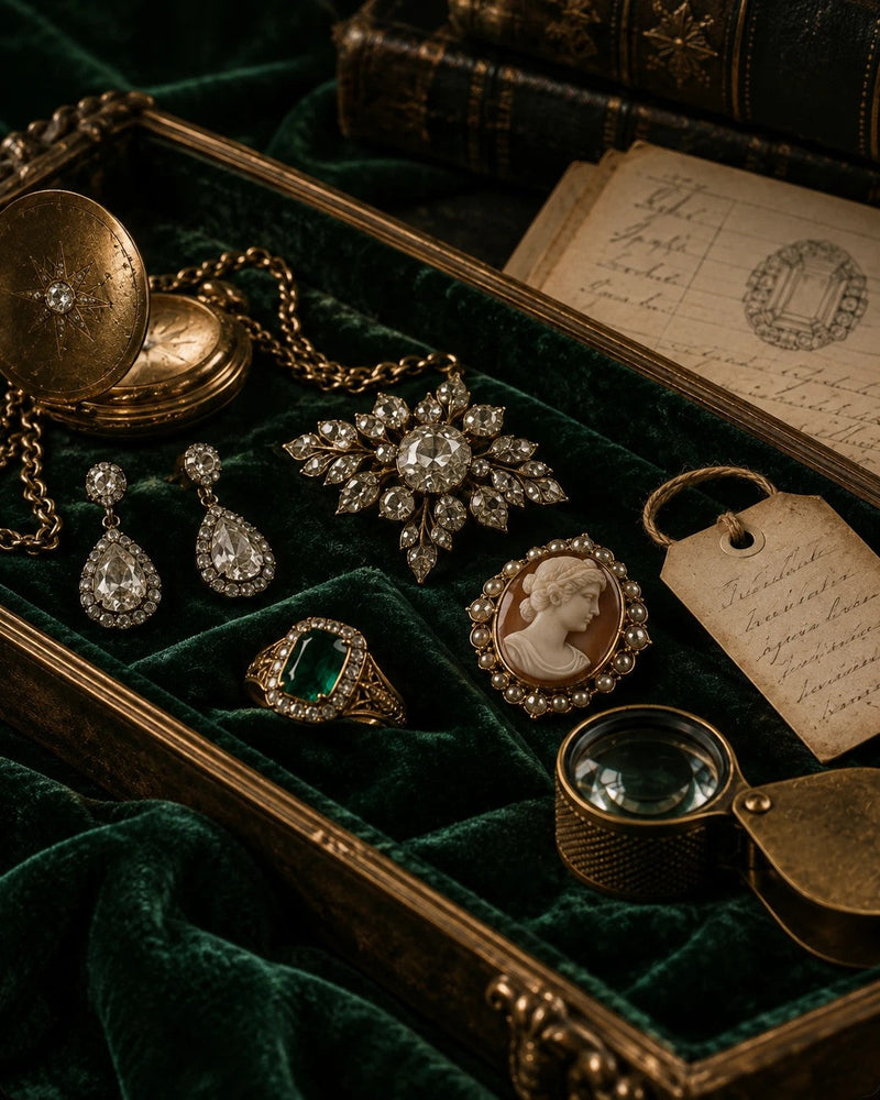 Antique jewelry on green velvet in a gilt tray: a star-set gold locket, diamond cluster brooch, pear drop earrings, emerald ring, cameo and a brass loupe.