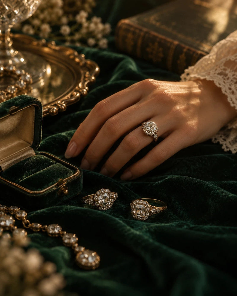 A hand wearing an antique old European cut diamond ring on green velvet, with two antique halo rings and a diamond necklace nearby.