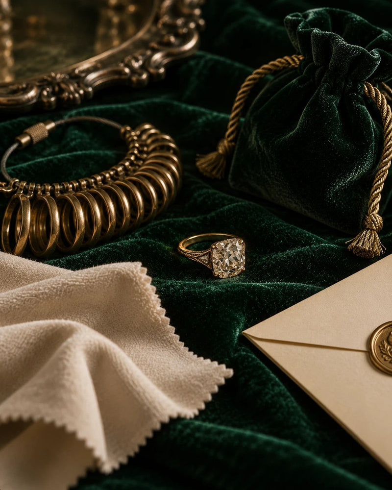 An antique old mine cut diamond ring on green velvet beside ring sizers, a polishing cloth, a velvet pouch and a wax-sealed envelope.