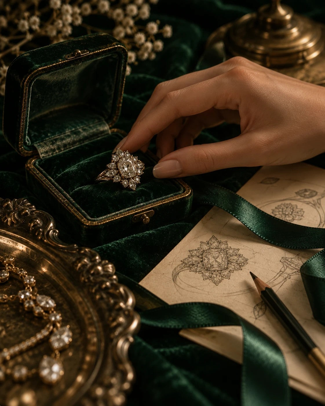 A hand placing an antique diamond cluster ring into a velvet ring box beside pencil design sketches of the ring.