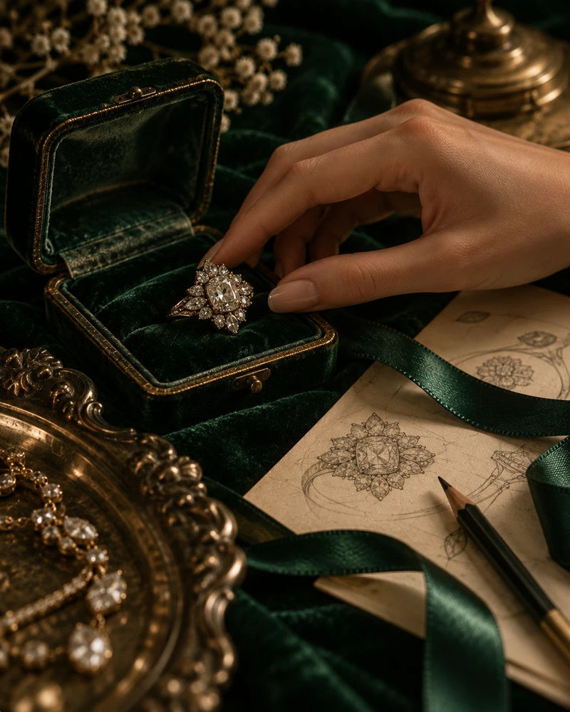 A hand placing an antique diamond cluster ring into a velvet ring box beside pencil design sketches of the ring.