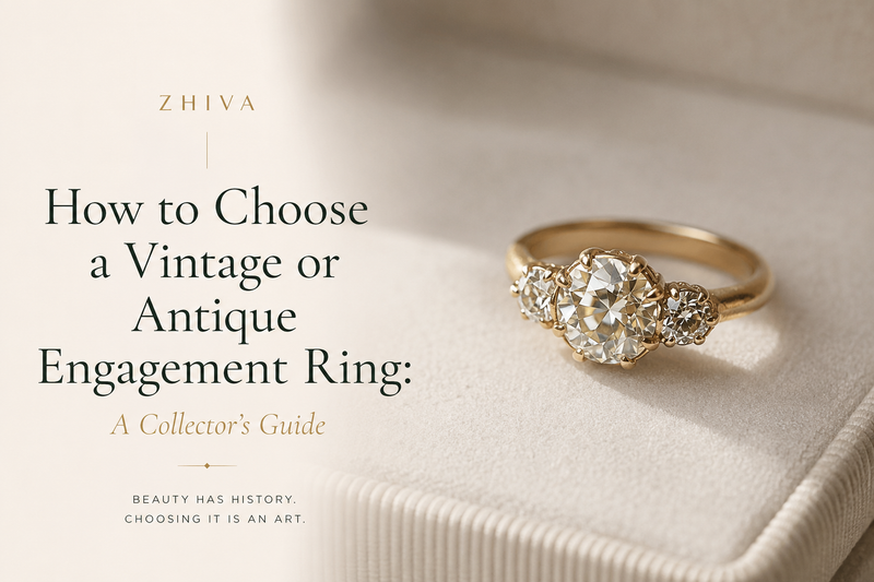 Antique three stone gold diamond engagement rings displayed on a white box