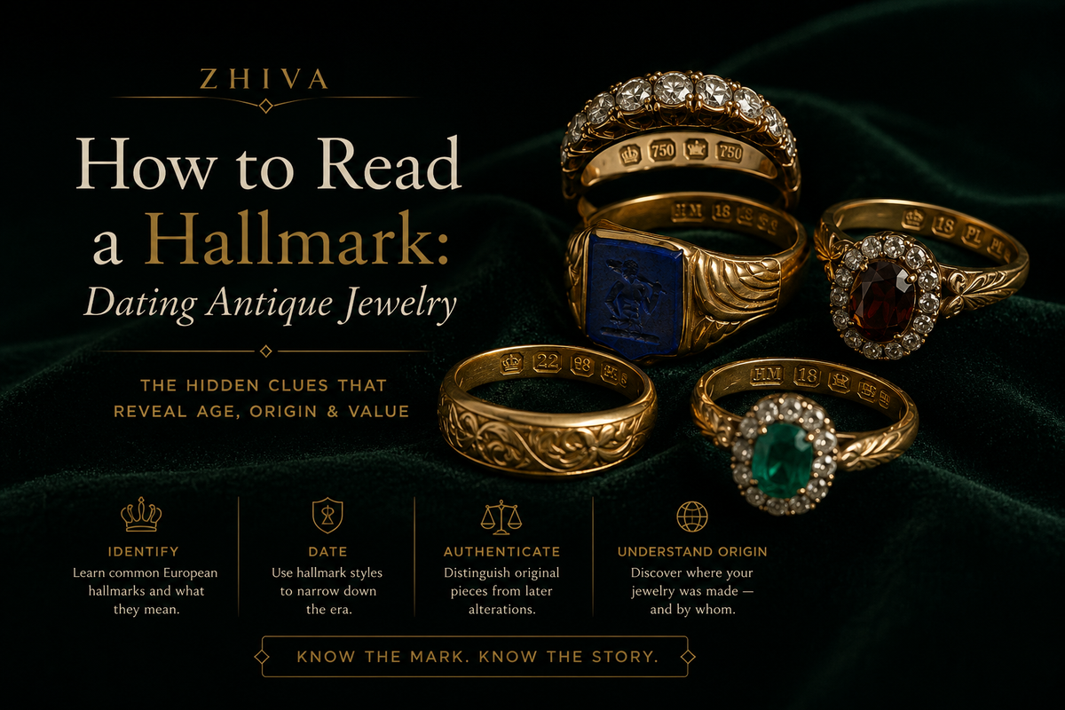 Antique gold rings on green velvet showing hallmarks — 750, 18ct and maker's marks — used to date antique jewelry.