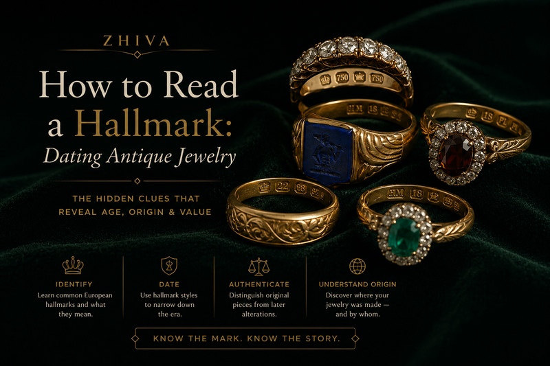 Antique gold rings on green velvet showing hallmarks — 750, 18ct and maker's marks — used to date antique jewelry.