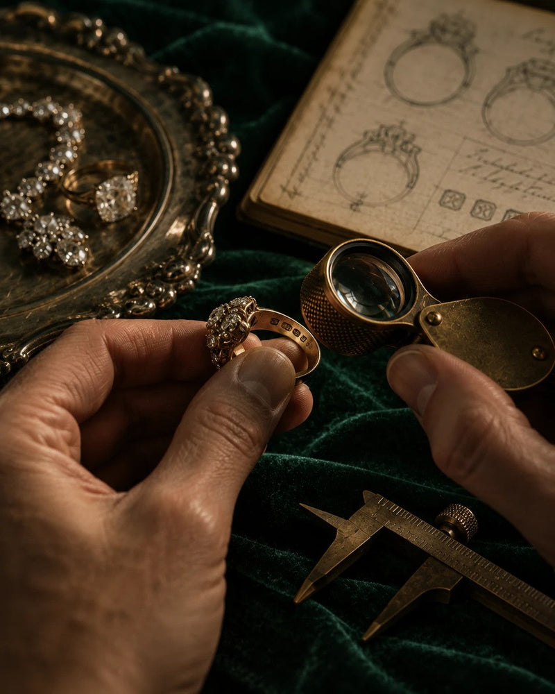 Hands inspecting the hallmarks inside an antique gold ring with a jeweler's loupe, beside calipers and a sketchbook.
