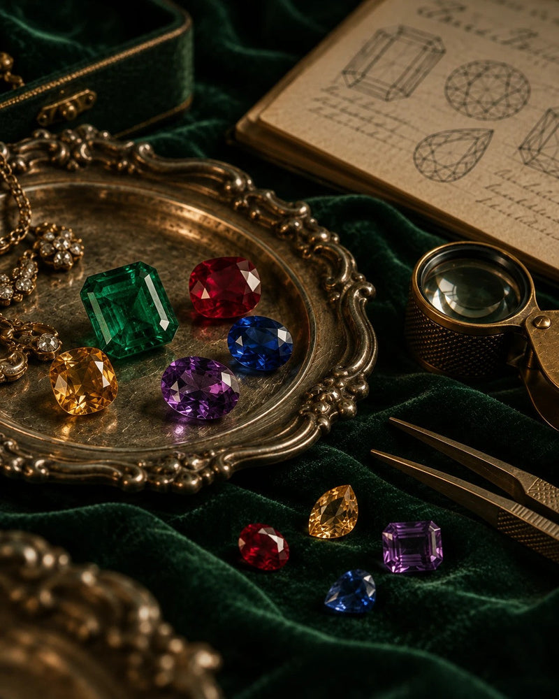 Loose emerald, ruby, sapphire, citrine and amethyst gemstones on an antique tray with tweezers, a loupe and cut diagrams.