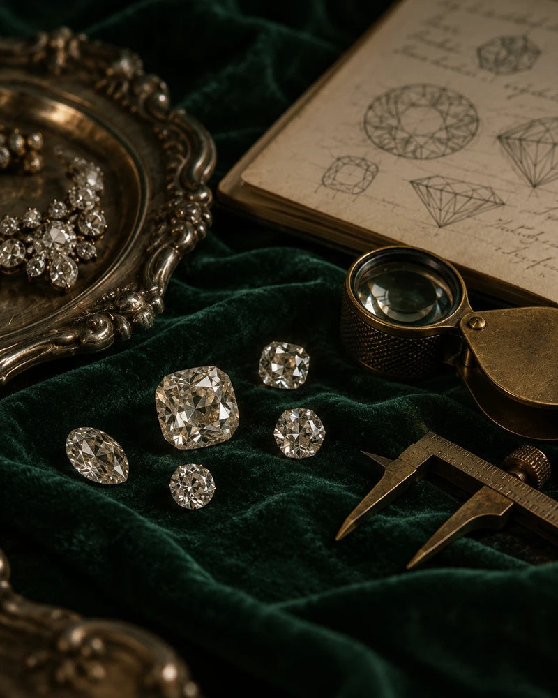 Loose old mine and old European cut diamonds on green velvet with brass calipers, a loupe and diamond cut diagrams.