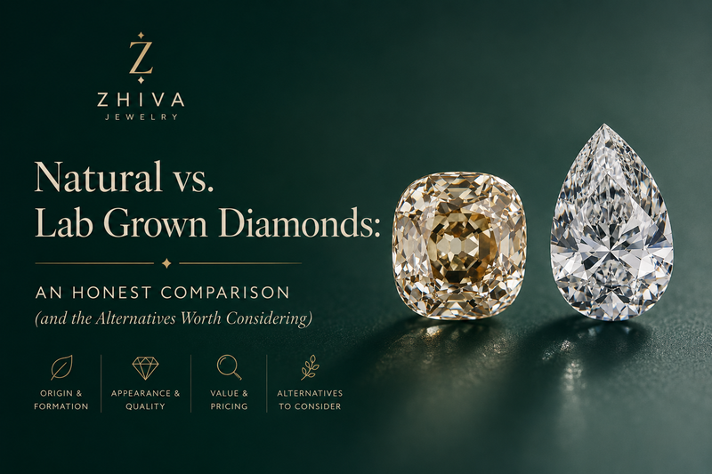 A champagne cushion-cut diamond beside a colorless pear-cut diamond on dark green, comparing natural and lab-grown stones.