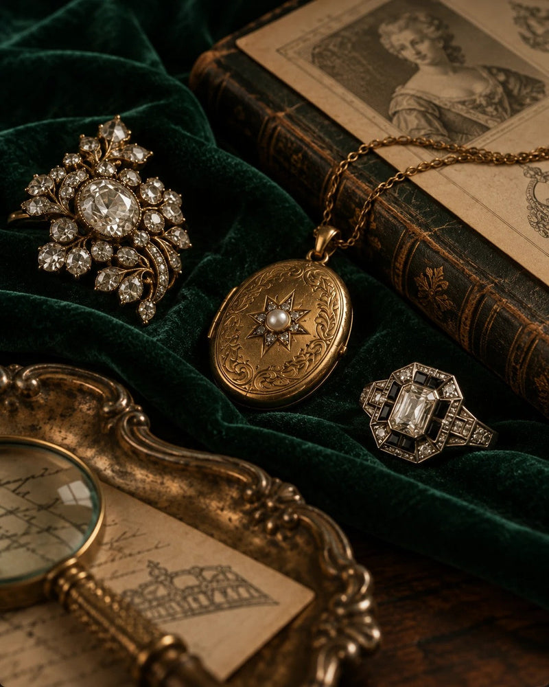 A Victorian gold locket with a pearl star, an old-cut diamond spray brooch and an Art Deco onyx and diamond ring on green velvet.