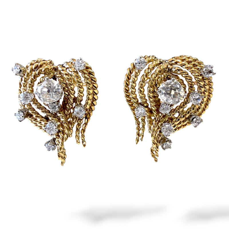 Vintage twisted gold-rope clip-on earrings set with old cut diamonds in 14k yellow gold