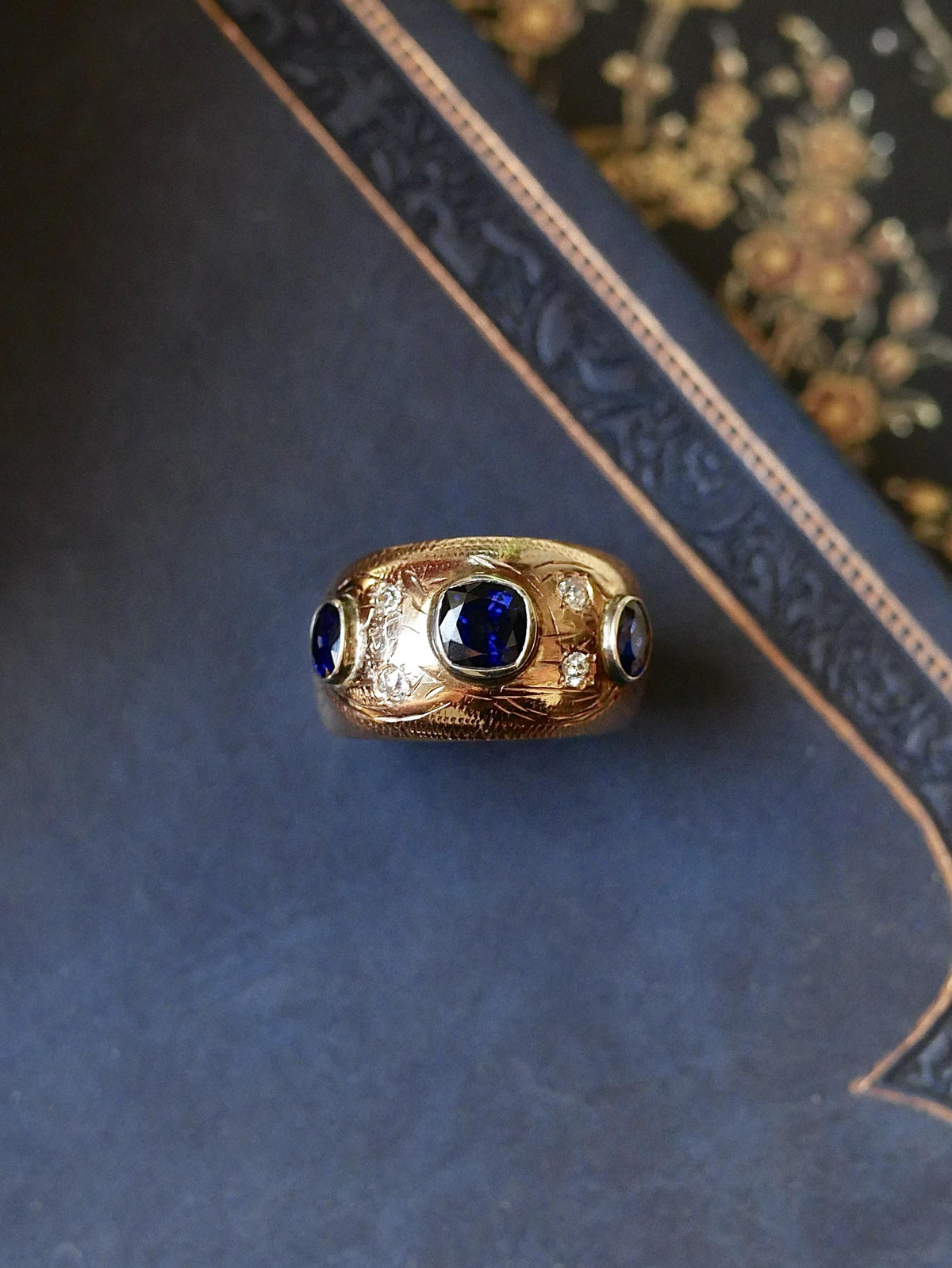 Victorian Sapphire Old Cut Diamond Bezel Set 14k Gold Ring