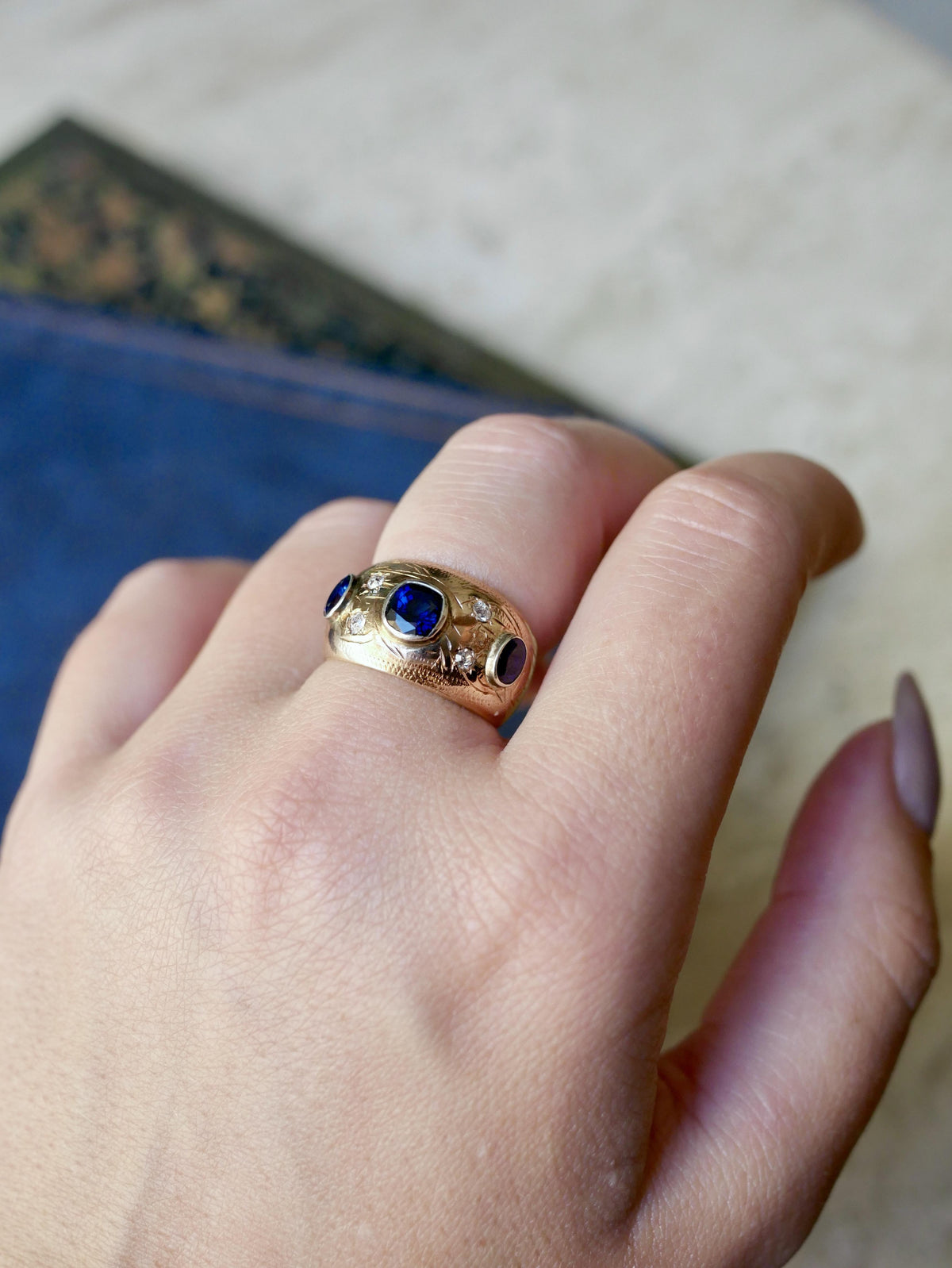 Victorian Sapphire Old Cut Diamond Bezel Set 14k Gold Ring