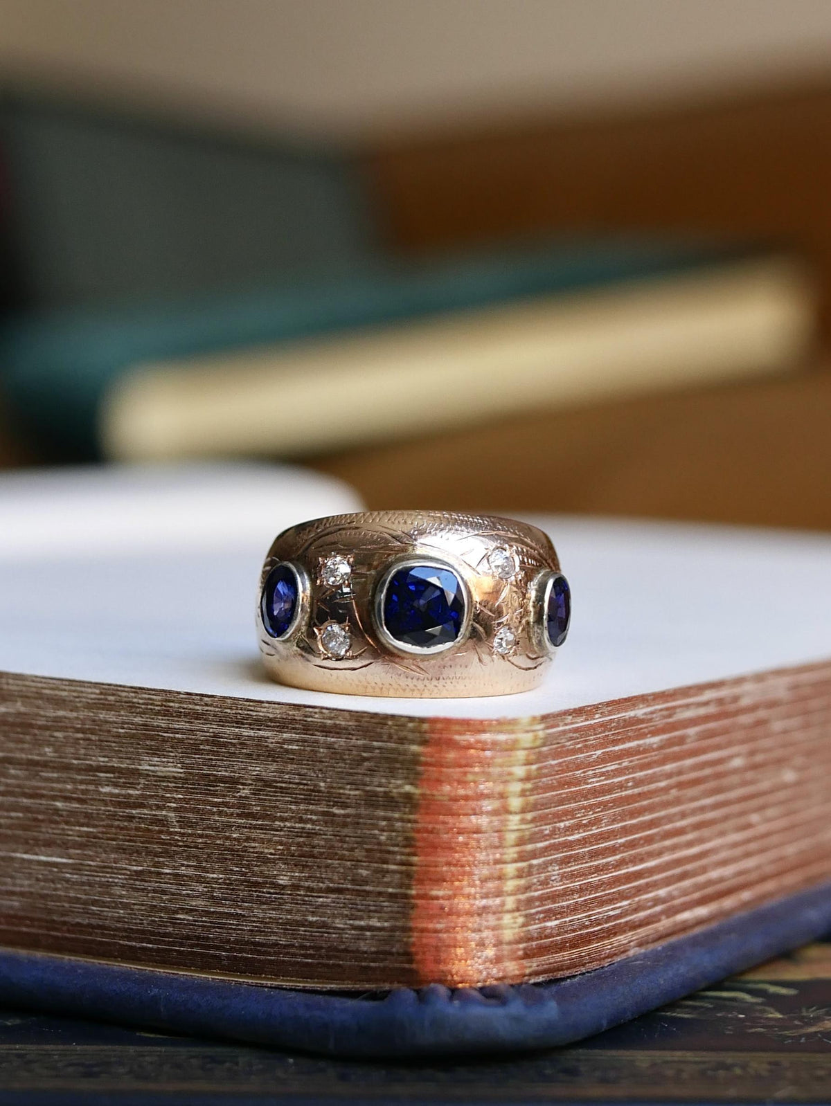 Victorian Sapphire Old Cut Diamond Bezel Set 14k Gold Ring