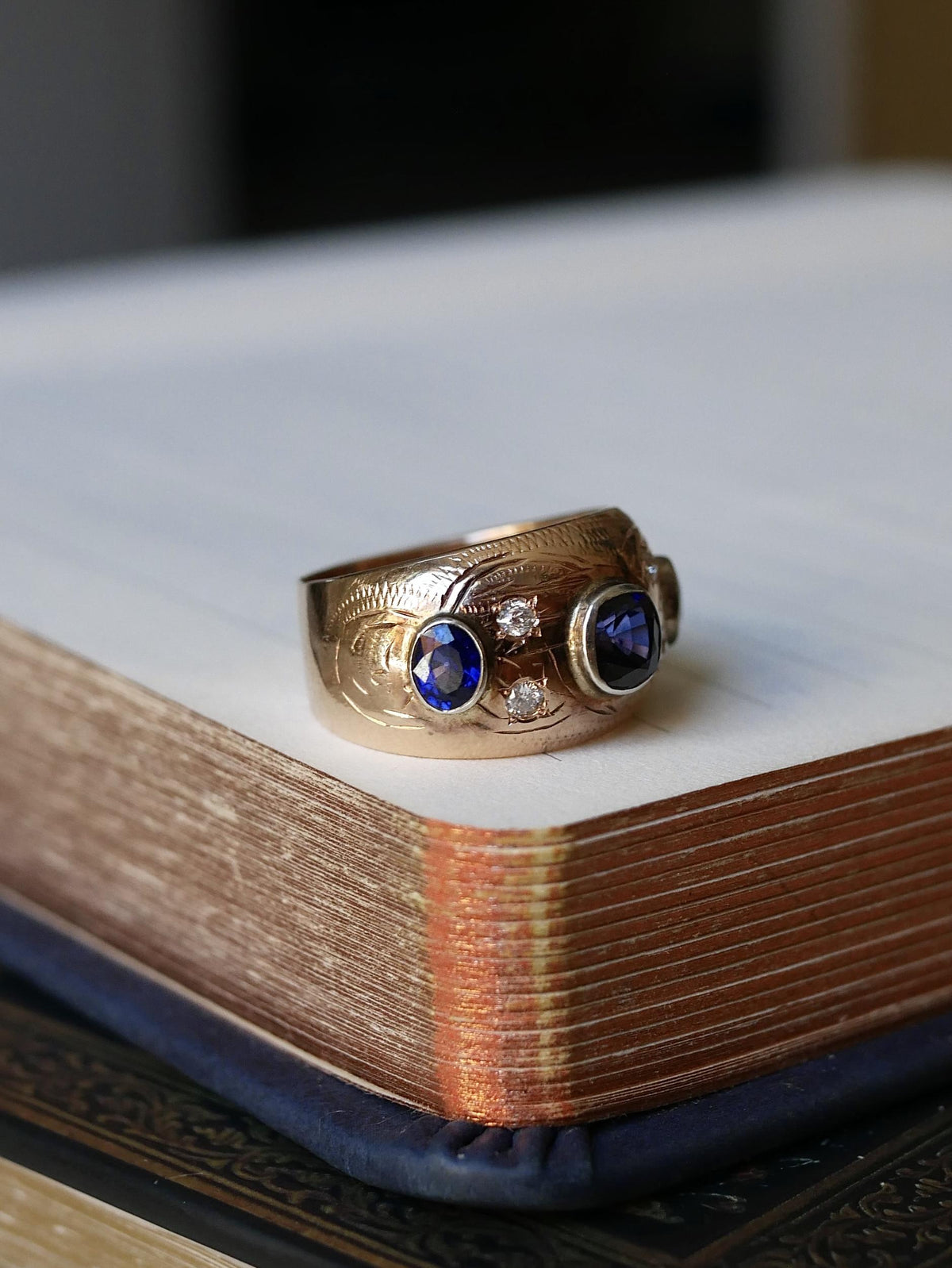 Victorian Sapphire Old Cut Diamond Bezel Set 14k Gold Ring