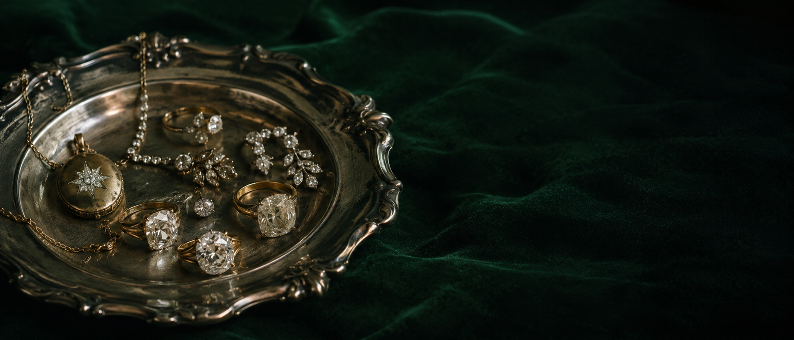 Antique and vintage diamond jewelry on a silver tray — old-cut diamond rings, a star locket, and estate necklaces on dark green velvet.