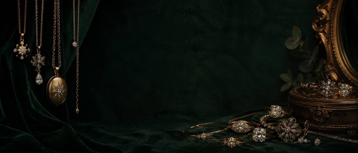 Antique gold and diamond jewelry on dark green velvet — a star locket, drop necklaces, cluster rings, and earrings.