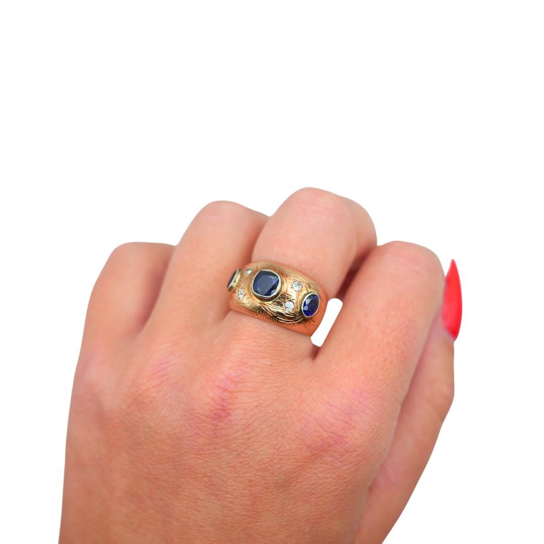 Victorian Sapphire Old Cut Diamond Bezel Set 14k Gold Ring