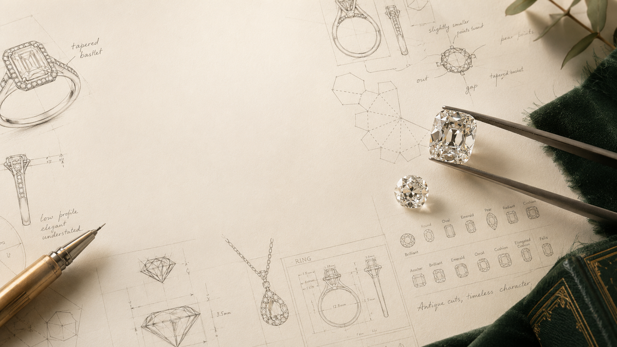Hand-drawn bespoke ring design sketches with antique diamond cut diagrams, beside tweezers holding an old mine cut diamond and a cluster ring.