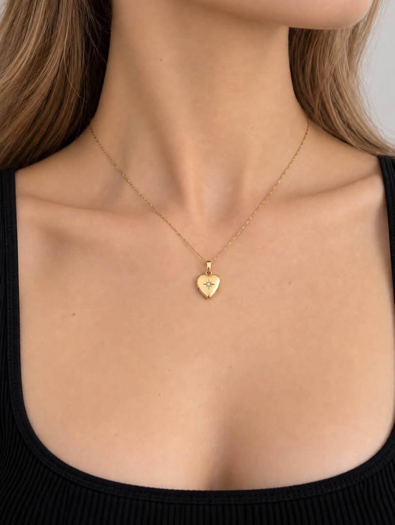 Vintage Starburst Diamond Heart Locket Pendant in 14k Gold