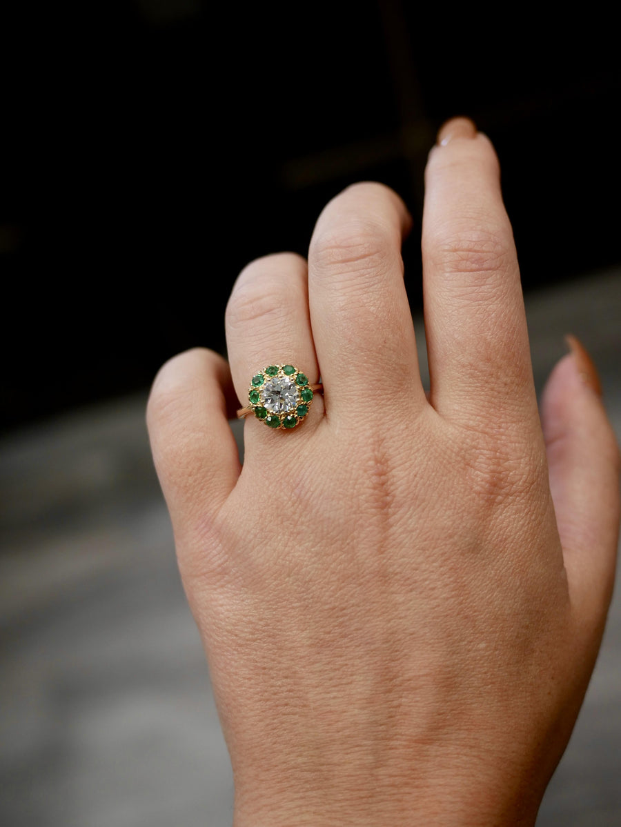 Edwardian 1.50 carat Old European Cut Diamond Emerald 14k Gold Cluster Ring