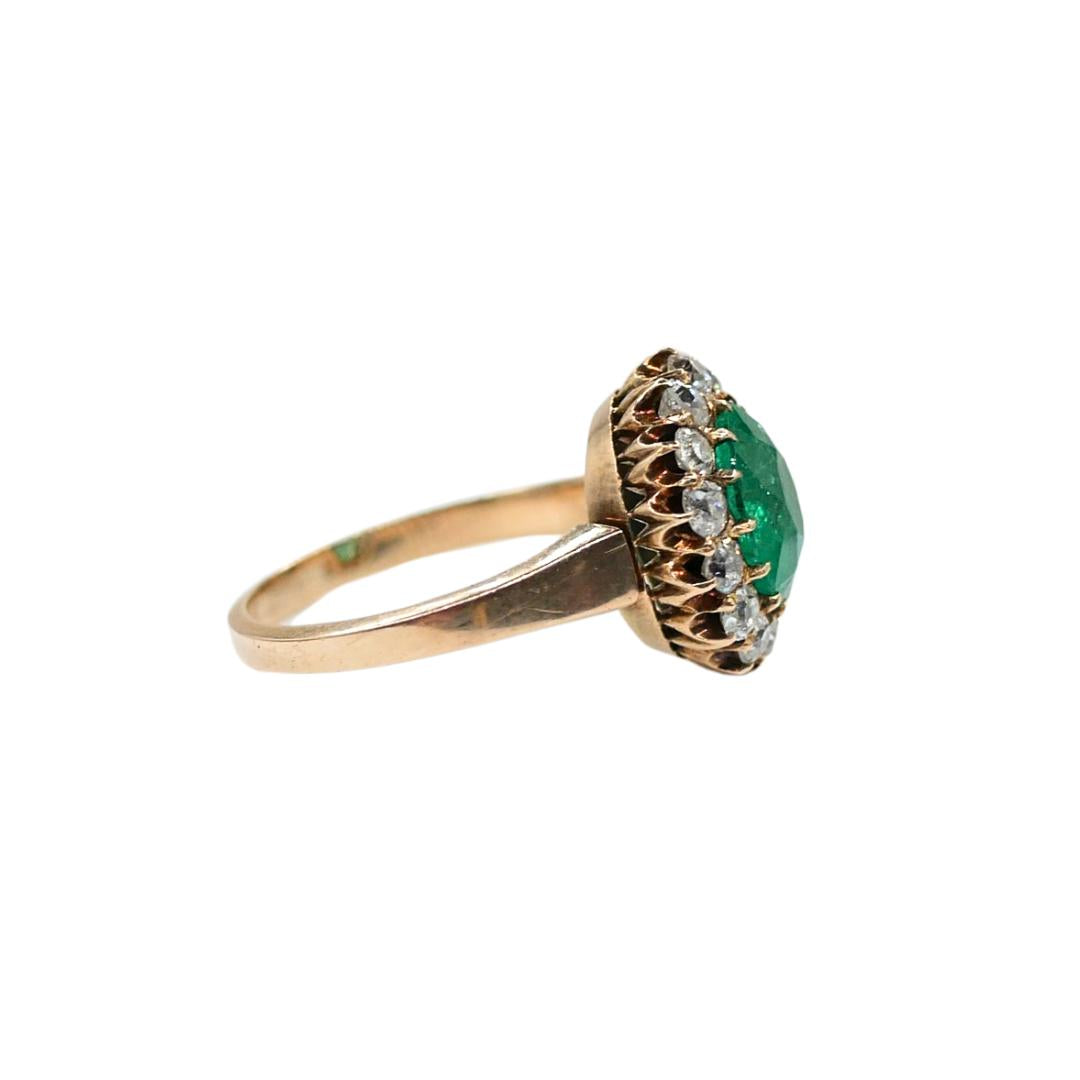 Victorian GIA 2.75 Carat Colombian Emerald Old Mine Diamond Gold Cluster Ring