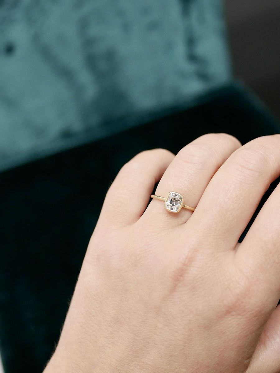 1.06 carat Old Mine Cut Diamond Bezel Set 18k Yellow Gold Engagement Ring