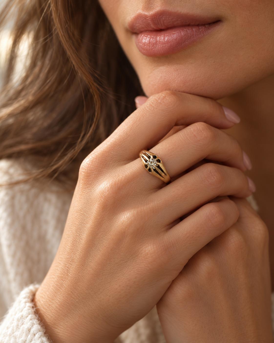 Victorian Chester 1870 Old Mine Cut Diamond Belcher Buttercup 18k Gold Ring