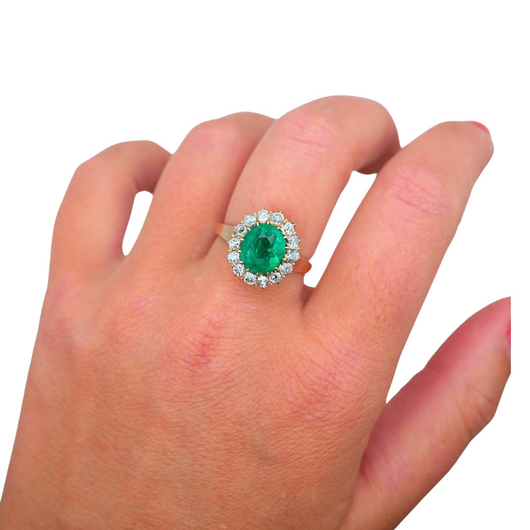 Victorian GIA 2.75 Carat Colombian Emerald Old Mine Diamond Gold Cluster Ring