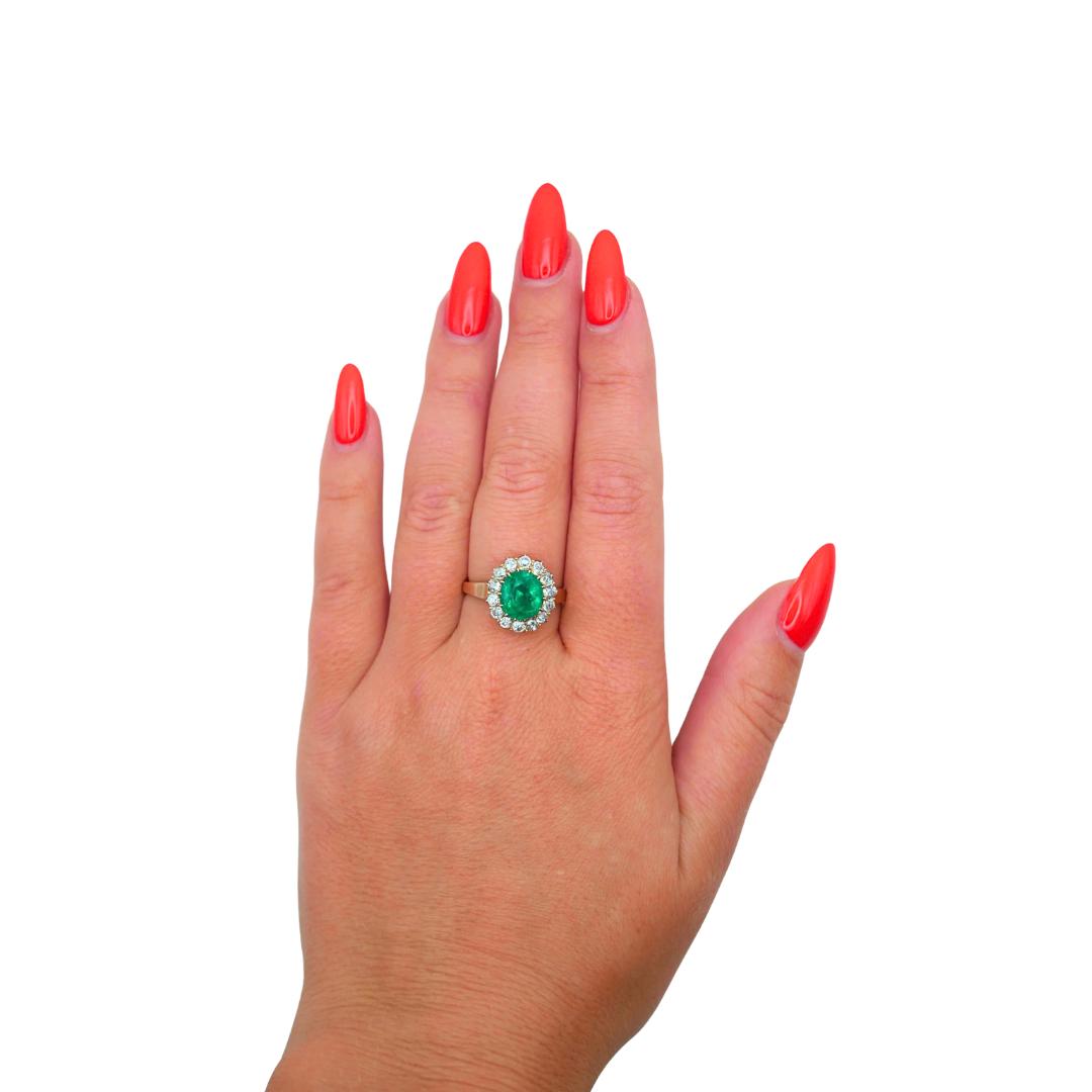 Victorian GIA 2.75 Carat Colombian Emerald Old Mine Diamond Gold Cluster Ring