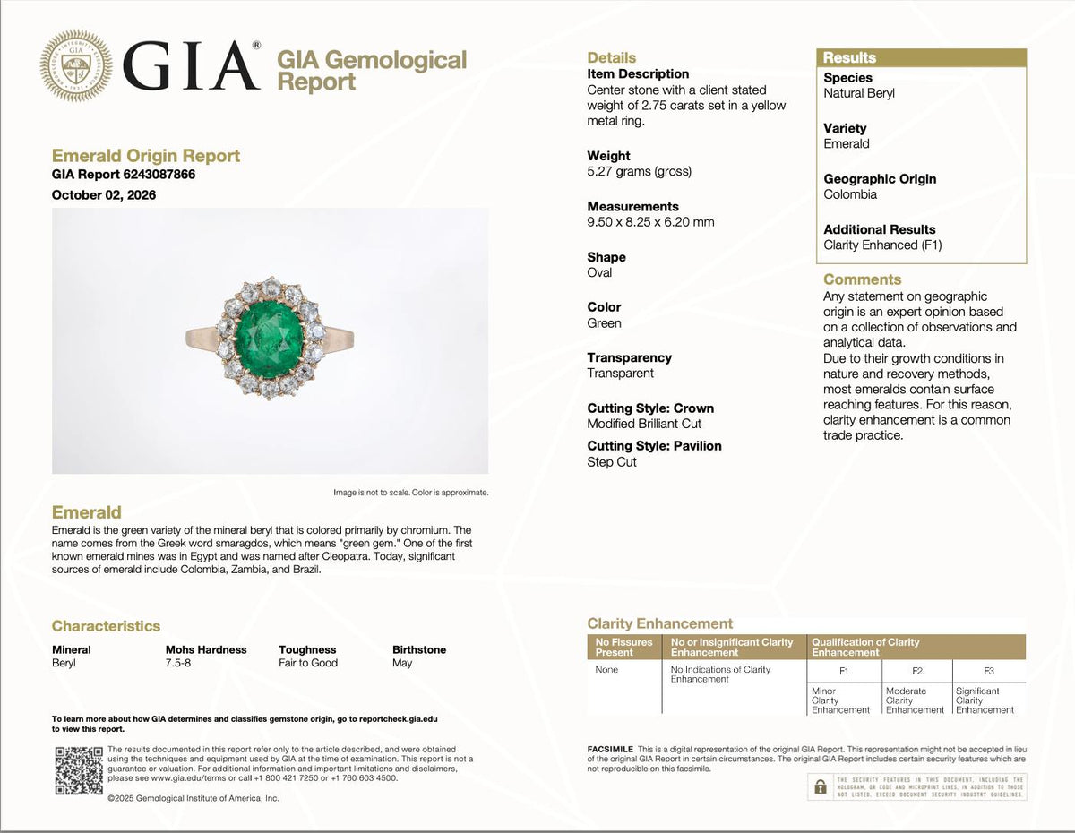 Victorian GIA 2.75 Carat Colombian Emerald Old Mine Diamond Gold Cluster Ring