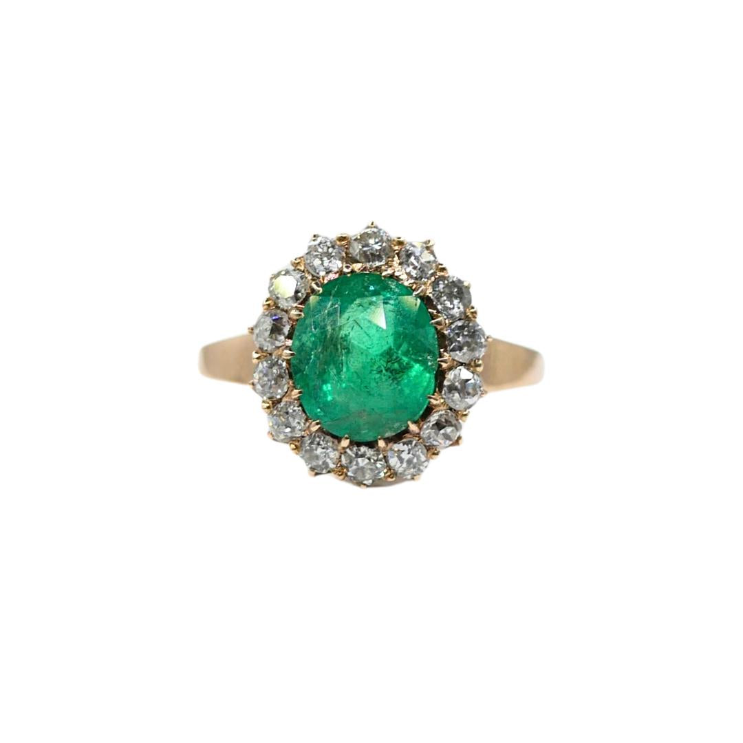Victorian GIA 2.75 Carat Colombian Emerald Old Mine Diamond Gold Cluster Ring