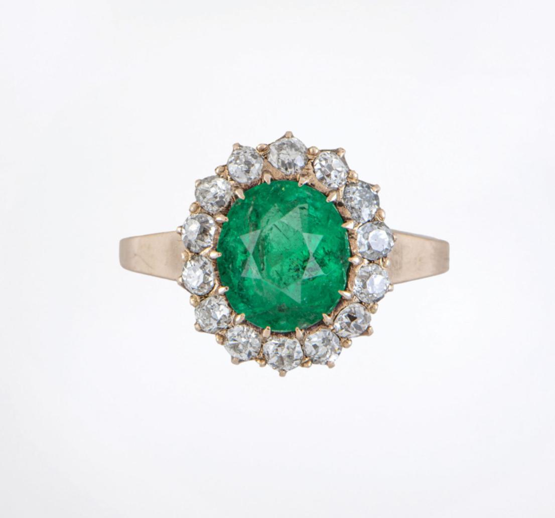 Victorian GIA 2.75 Carat Colombian Emerald Old Mine Diamond Gold Cluster Ring