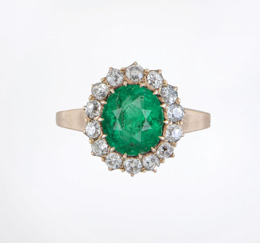 Victorian GIA 2.75 Carat Colombian Emerald Old Mine Diamond Gold Cluster Ring
