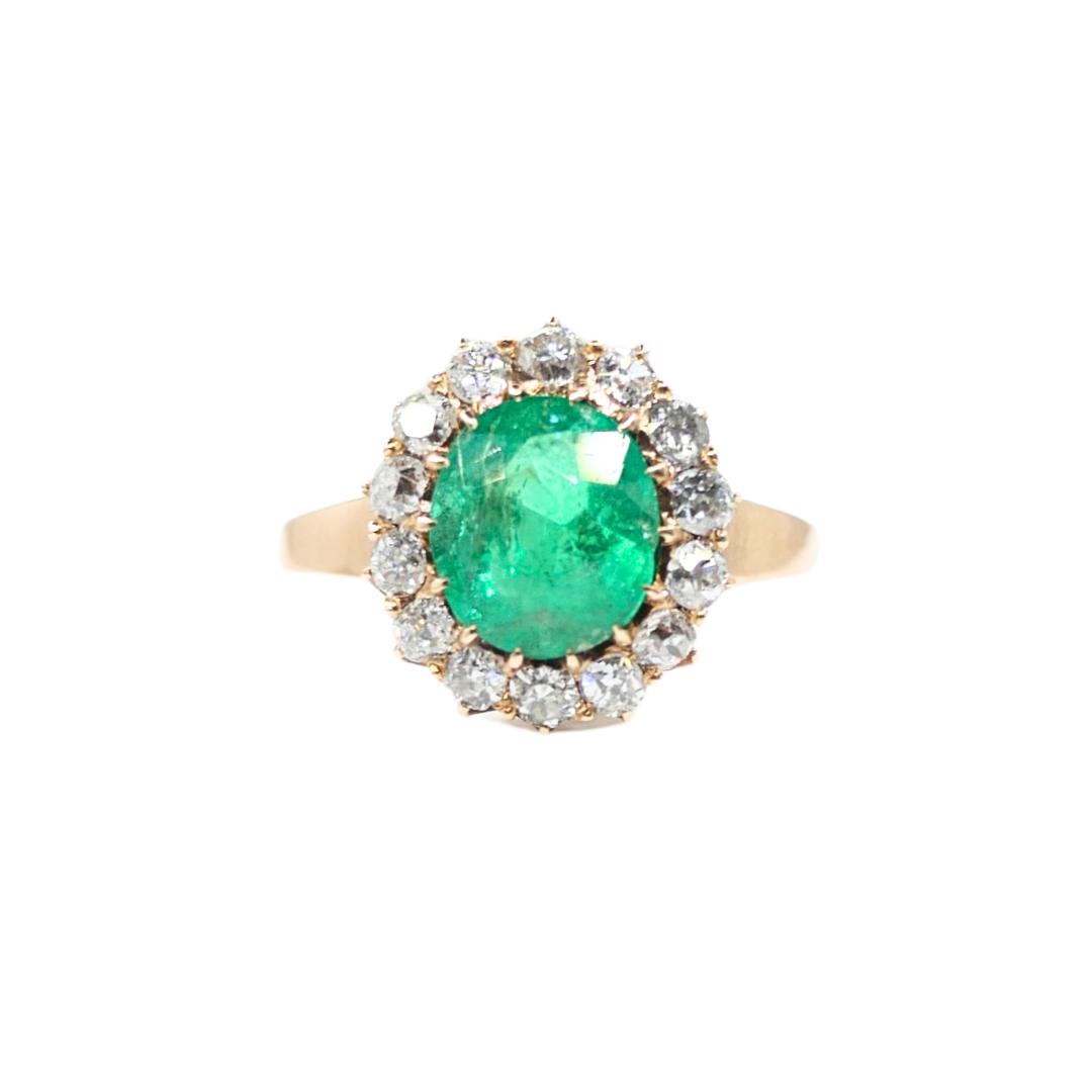 Victorian GIA 2.75 Carat Colombian Emerald Old Mine Diamond Gold Cluster Ring