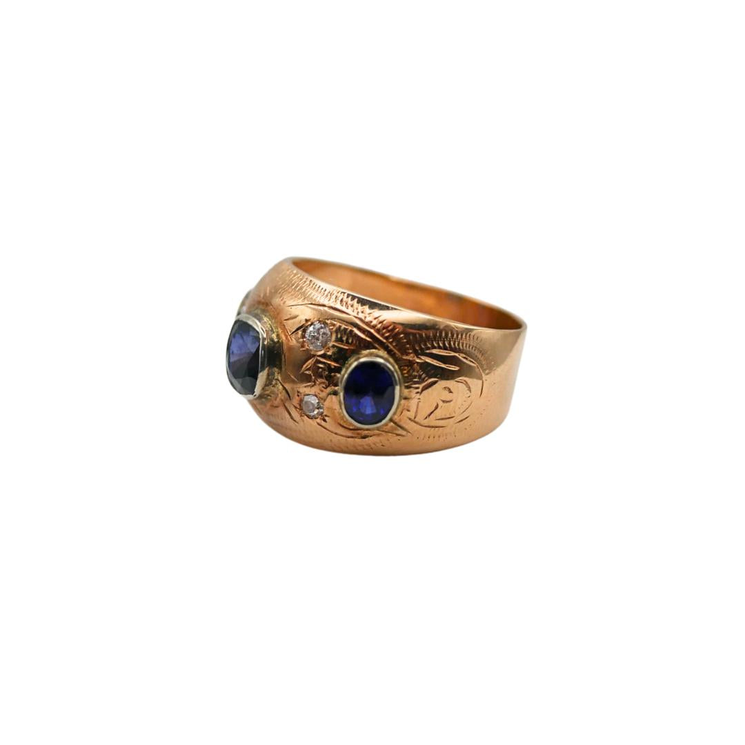 Victorian Sapphire Old Cut Diamond Bezel Set 14k Gold Ring
