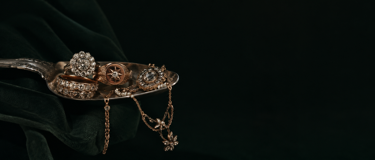 Antique diamond cluster ring, star signet ring, and a seed-pearl necklace on a silver spoon over green velve