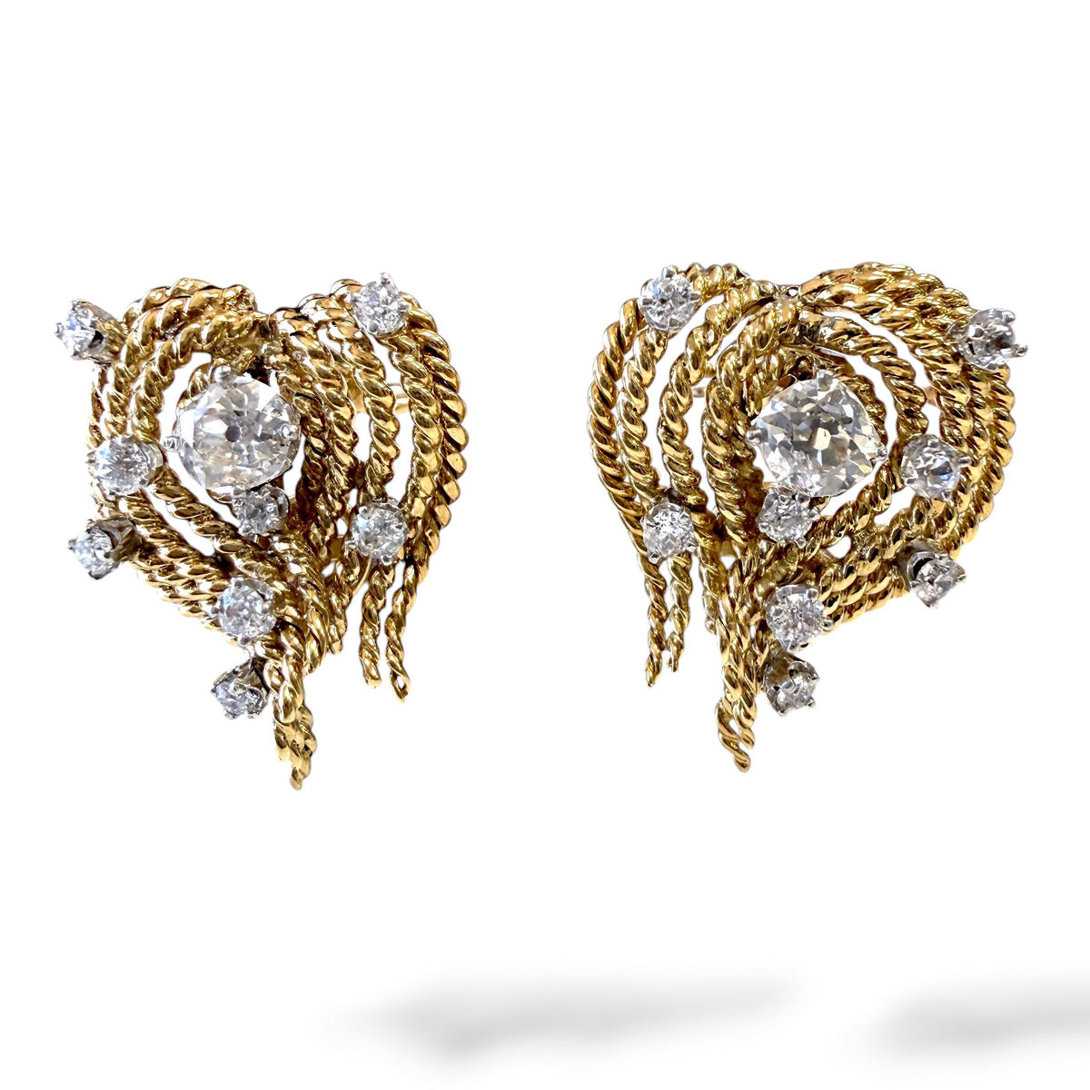 Vintage twisted gold-rope clip-on earrings set with 2.00ctw old cut diamonds in 14k yellow gold, ZHIVA